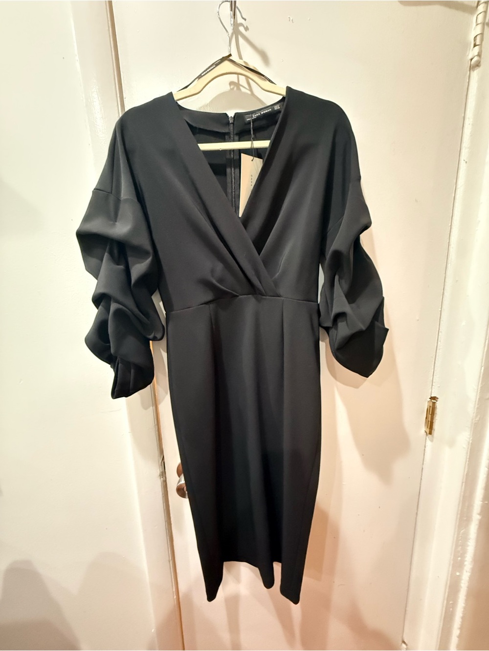Zara Black Midi Dress with Draped Puff Sleeves